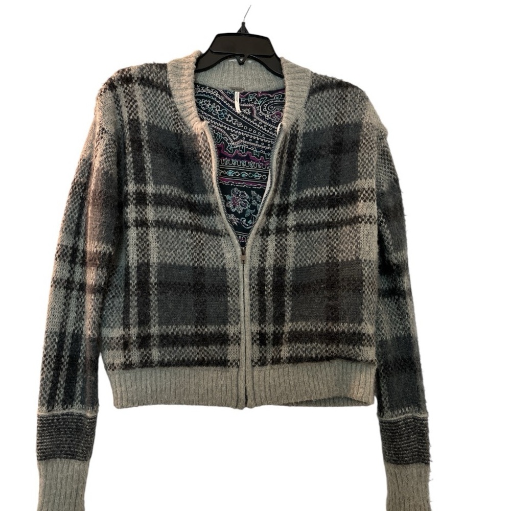 Free People Gray Plaid Zip-Front Knit Jacket